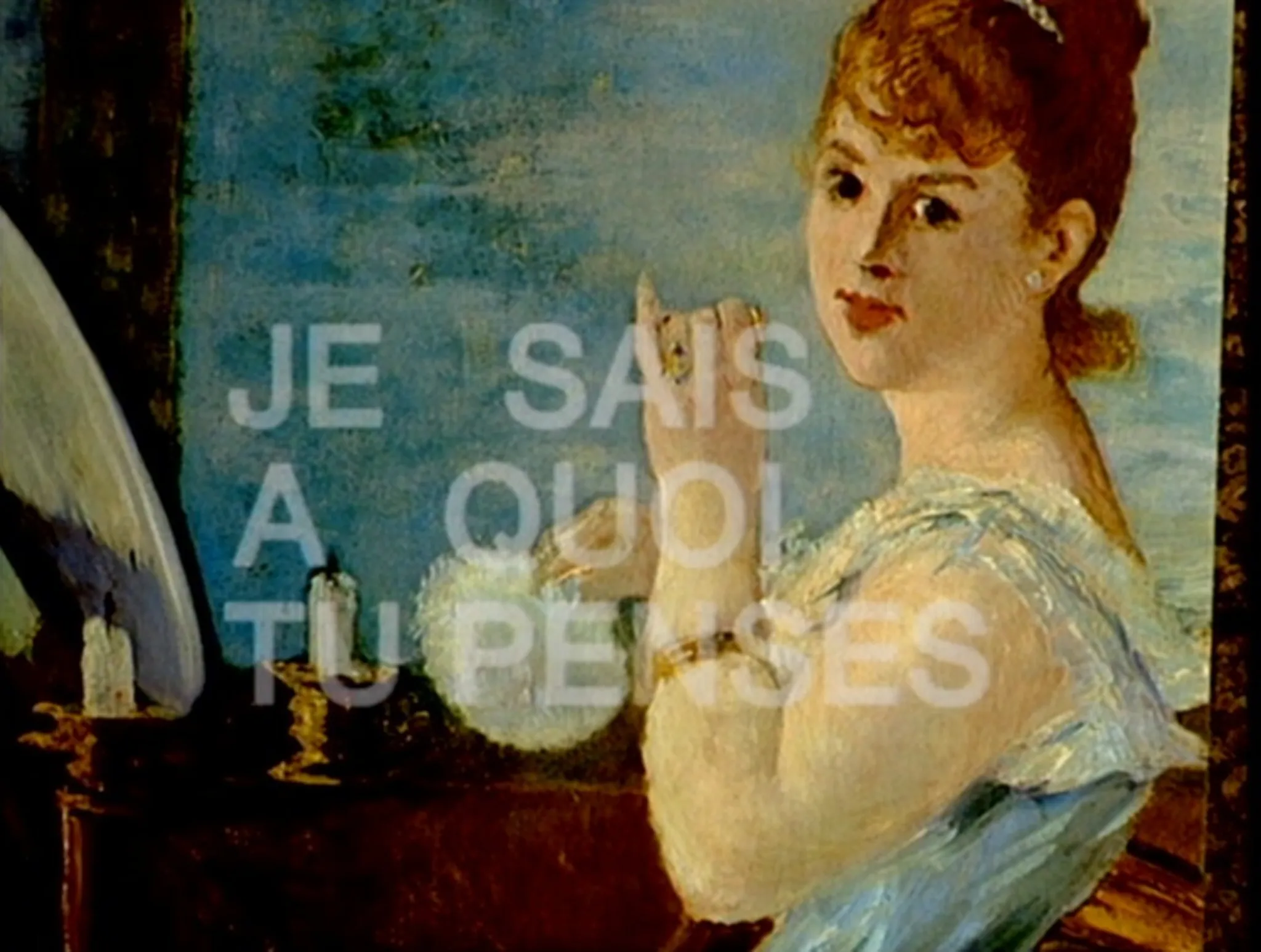 Nana (Édouard Manet, 1876-1877, Kunsthalle Hamburg) superimposed with text reading “I know what you are thinking” in The Currency of the Absolute (3A) of Histoire(s) du cinéma (Godard, 1988-1998)